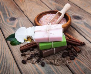 handmade coffee scented soap on wooden background